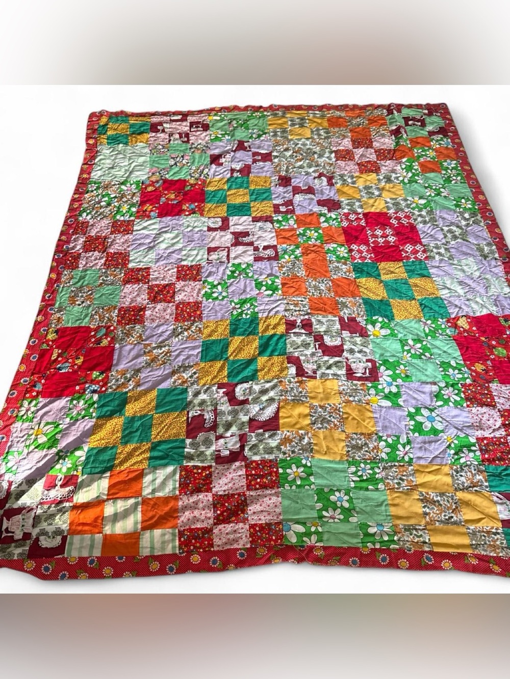 Vintage Patchwork Quilt - Multicolor Cotton Cottagecore Shabby Chic Grandmacore - Picture 2 of 9